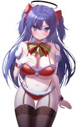 Rule 34 | 1girl, absurdres, alternate costume, bell, black thighhighs, blue archive, blush, bow, bowtie, breasts, cleavage, closed mouth, cowboy shot, green bow, green bowtie, hair between eyes, halo, highres, jingle bell, large breasts, long hair, mechanical halo, navel, purple eyes, purple hair, red bow, red bowtie, simple background, siru, solo, stomach, thigh gap, thighhighs, two side up, white background, wrist cuffs, yuuka (blue archive)