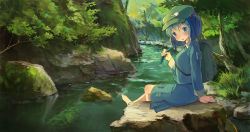 Rule 34 | 1girl, backpack, bag, barefoot, blue eyes, blue hair, chokokorone (artist), cucumber, forest, green hat, hair bobbles, hair ornament, hat, kappa, kawashiro nitori, looking at viewer, matching hair/eyes, nature, open mouth, river, rock, scenery, shirt, sitting, sitting on rock, skirt, soaking feet, solo, stream, touhou, twintails, two side up, water
