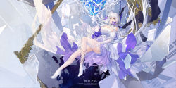 Rule 34 | 1girl, absurdres, alternate costume, artist name, azur lane, bare shoulders, blue eyes, breasts, closed mouth, commentary, detached collar, dress, elbow gloves, floating, flower, gloves, hair flower, hair ornament, high heels, highres, illustrious (azur lane), long hair, mirror, mole, mole under eye, solo, strapless, strapless dress, swd3e2, thighhighs, very long hair, white dress, white footwear, white hair, white thighhighs