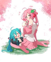 Rule 34 | 2girls, ahoge, blue hair, blush, boots, cherry blossoms, cherry hair ornament, closed eyes, detached sleeves, drooling, dual persona, eating, food, food-themed hair ornament, hair ornament, hatsune miku, highres, holding, holding food, lap pillow, long hair, long sleeves, looking back, mouth drool, multiple girls, open mouth, oyu (umyu13137), petals, pink eyes, pink hair, sakura miku, sakura mochi, shirt, sitting, skirt, sleeping, sleeveless, sleeveless shirt, smile, thigh boots, twintails, very long hair, vocaloid, wagashi, wariza