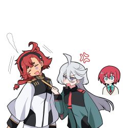 3girls ahoge amate_yuzuriha anger_vein asticassia_school_uniform black_hairband blue_eyes blush closed_eyes commentary_request crossover grey_eyes grey_hair gundam gundam_gquuuuuux gundam_suisei_no_majo hair_between_eyes hairband highres jacket lemoontya long_hair long_sleeves miorine_rembran multiple_girls open_mouth red_hair school_uniform simple_background smile suletta_mercury thick_eyebrows white_hair yuri