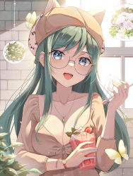 Rule 34 | 1girl, absurdres, artist request, braid, breasts, bug, butterfly, casual, cleavage, glasses, green hair, hat, highres, insect, jewelry, large breasts, long sleeves, necklace, original, watc