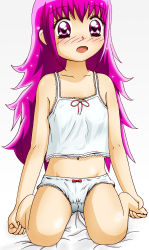 Rule 34 | 10s, 1girl, :o, artist request, barefoot, blush, bow, bow panties, collarbone, feet, highres, hoshizora miyuki, long hair, looking at viewer, navel, open mouth, panties, pink eyes, pink hair, precure, simple background, sitting, smile precure!, solo, toes, underwear, wariza, white background, white panties