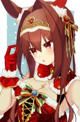 Rule 34 | 1girl, animal ears, between breasts, blush, bow, breasts, brooch, brown hair, christmas, cleavage cutout, clothing cutout, commentary, daiwa scarlet (scarlet nuit etoile) (umamusume), daiwa scarlet (umamusume), dress, ear covers, fang, frown, fur-trimmed dress, fur armlet, fur trim, gloves, green bow, hair down, hair intakes, hair ornament, hand in own hair, highres, horse ears, horse girl, jewelry, large breasts, long hair, looking away, moya 44444, necklace, official alternate costume, open mouth, plaid, plaid dress, red dress, red eyes, red gloves, single ear cover, skin fang, solo, tiara, umamusume, upper body