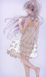 Rule 34 | 10s, 1girl, back, bare shoulders, barefoot, casual, chaika trabant, dress, frilled dress, frills, hare (haaale), highres, hitsugi no chaika, long hair, looking at viewer, looking back, purple eyes, see-through silhouette, silver hair, smile, solo, sundress, white dress, wind