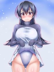 Rule 34 | 10s, 1girl, arima kouichi, black hair, blue leotard, blush, breasts, brown eyes, closed mouth, clothes lift, cowboy shot, gentoo penguin (kemono friends), hair between eyes, hip focus, kemono friends, large breasts, leotard, lifted by self, long hair, looking down, pleated skirt, sidelocks, skirt, skirt lift, solo, sweater, thighs, turtleneck, turtleneck sweater, wavy mouth, white skirt