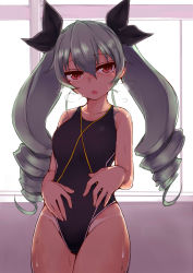 Rule 34 | 10s, 1girl, :&gt;, akitsuchi shien, anchovy (girls und panzer), backlighting, bad id, bad pixiv id, bare arms, bare shoulders, black ribbon, blue one-piece swimsuit, blush, breath, closed mouth, collarbone, competition swimsuit, cowboy shot, drill hair, eyebrows, girls und panzer, green hair, groin, hair between eyes, hair ribbon, hands on own hips, head tilt, highres, indoors, legs together, long hair, looking at viewer, one-piece swimsuit, open mouth, parted lips, red eyes, ribbon, skin tight, solo, standing, sweat, sweatdrop, swimsuit, tan, tanline, tsurime, twin drills, twintails, very long hair, window