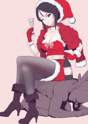 Rule 34 | 1boy, 1girl, alcohol, alternate costume, animal costume, antlers, black choker, black eyes, black footwear, black hair, black pantyhose, boots, bottle, breasts, champagne, champagne bottle, champagne flute, choker, chouno ami, christmas, cleavage, clothed female nude male, commentary request, crop top, crossed legs, cup, drinking glass, fake horns, femdom, fur-trimmed skirt, fur trim, girls und panzer, gloves, high heel boots, high heels, highres, holding, holding bottle, holding cup, horns, human chair, human furniture, jacket, jacket on shoulders, large breasts, long sleeves, looking at viewer, midriff, miniskirt, navel, nude, one eye closed, pantyhose, parted lips, pink background, red gloves, red headwear, red jacket, red shirt, red skirt, reindeer antlers, reindeer costume, santa costume, santa gloves, shirt, short hair, simple background, sitting, sitting on person, skirt, smile, strapless, strapless shirt, swept bangs, yoyokkun