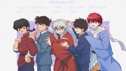 5boys animal_ears black_hair blue_eyes blue_jacket braid braided_ponytail brown_eyes brown_hair chinese_clothes collared_shirt dog_ears green_necktie hair_between_eyes highres inuyasha inuyasha_(character) jacket japanese_clothes jewelry kimono kudou_shin&#039;ichi kuroba_kaito kyoukai_no_rinne long_hair long_sleeves magic_kaito meitantei_conan multiple_boys myab5555 necklace necktie open_mouth pants ranma_1/2 red_hair saotome_ranma school_uniform shirt short_hair single_braid smile teitan_high_school_uniform voice_actor_connection white_hair white_shirt wide_sleeves yamaguchi_kappei yellow_eyes