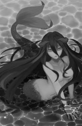Rule 34 | 1girl, albedo (overlord), arm support, breasts, completely nude, demon horns, greyscale, hair between eyes, horns, long hair, looking at viewer, medium breasts, mermaid, monochrome, monster girl, nude, overlord (maruyama), partially submerged, richerdo, solo, very long hair, water