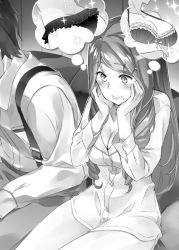 Rule 34 | 1boy, 1girl, ass, blush, bra, breasts, cleavage, frilled panties, frills, greyscale, hair ornament, hairclip, hands on own cheeks, hands on own face, long hair, medium breasts, mole, mole under mouth, monochrome, novel illustration, official art, ossan boukensha kane no zenkou, panties, sitting, smile, sparkle, super zombie, suspenders, thought bubble, underwear