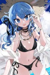 Rule 34 | 1girl, :d, bare shoulders, bikini, black bikini, black ribbon, blue eyes, blue hair, blue nails, blue sky, blush, breasts, brown hat, cloud, commentary request, day, flower, flower bracelet, gluteal fold, groin, hair between eyes, hair ribbon, hand up, hat, hololive, hoshimachi suisei, long hair, nail polish, navel, open mouth, outdoors, ribbon, shadowsinking, side-tie bikini bottom, side ponytail, sky, small breasts, smile, solo, straw hat, swimsuit, virtual youtuber, white flower