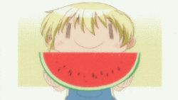Rule 34 | 1girl, animated, animated gif, blonde hair, eating, food, fruit, hidamari sketch, lowres, miyako (hidamari sketch), screencap, solo, watermelon, wide face, | |, || ||