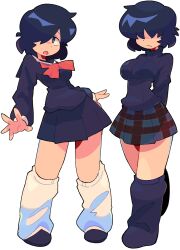 Rule 34 | 1girl, arms behind back, bacun, black hair, breasts, full body, hair over eyes, hair over one eye, highres, large breasts, loose socks, multiple views, nazo no kanojo x, neckerchief, open mouth, plaid, plaid skirt, red neckerchief, school uniform, serafuku, short hair, skirt, socks, sweater, transparent background, urabe mikoto