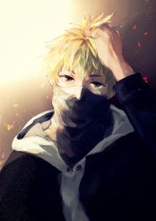 Rule 34 | 1boy, black jacket, blonde hair, brown background, commentary request, covered mouth, gradient background, grey eyes, hand in own hair, hood, hood down, hoodie, jacket, light, light particles, long sleeves, looking at viewer, male focus, mask, mouth mask, nagachika hideyoshi, sanoi (giraffe), short hair, solo, spoilers, tokyo ghoul, tokyo ghoul:re, upper body, white hoodie
