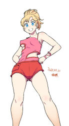 Rule 34 | 1girl, blonde hair, blue eyes, breasts, dated, elle vianno, feet out of frame, gundam, gundam zz, long hair, looking at viewer, medium breasts, pink shirt, ponytail, shirt, shorts, signature, simple background, smile, solo, tsukudani (coke-buta), white background