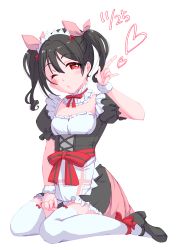 Rule 34 | 1girl, absurdres, alternate costume, apron, black footwear, black hair, black shirt, black skirt, blush, bow, breasts, choker, cleavage, enmaided, frilled skirt, frills, full body, hair bow, highres, kobayashi nyoromichi, long hair, looking at viewer, love live!, love live! school idol project, maid, maid headdress, mary janes, miniskirt, one eye closed, pink bow, print apron, red bow, red eyes, shirt, shoes, short sleeves, simple background, sitting, skirt, small breasts, solo, thighhighs, twintails, waist apron, wariza, white apron, white background, white choker, white thighhighs, wrist cuffs, yazawa nico, zettai ryouiki