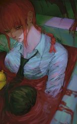 Rule 34 | 1girl, artist name, bad id, bad twitter id, bath, bath of blood, bathtub, black bra, black necktie, blood, blood splatter, bra, braid, braided ponytail, breasts, chainsaw man, cigarette, closed mouth, collared shirt, dress shirt, expressionless, highres, knees to chest, lips, looking down, makima (chainsaw man), medium breasts, medium hair, mouth hold, necktie, partially submerged, red hair, ringed eyes, rubber duck, see-through, shirt, signature, sitting, solo, teeth, underwear, wet, wet clothes, white shirt, wing collar, yellow eyes, zemzk