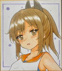 Rule 34 | 1girl, absurdres, blue one-piece swimsuit, blush, brown eyes, brown hair, commentary request, dakkusu, highres, i-401 (kancolle), kantai collection, looking at viewer, marker (medium), one-piece swimsuit, orange sailor collar, parted bangs, parted lips, photo (medium), ponytail, sailor collar, shirt, sleeveless, sleeveless shirt, solo, swimsuit, swimsuit under clothes, traditional media, white shirt