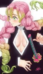 Rule 34 | 1girl, blush, braid, breasts, gradient hair, green eyes, highres, justin leyva (steamy tomato), kanroji mitsuri, kimetsu no yaiba, large breasts, lips, long hair, looking to the side, mole, mole under eye, multicolored hair, open clothes, open shirt, pink hair, solo, sword, twin braids, twintails, upper body, weapon