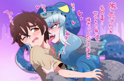 Rule 34 | 1boy, 1girl, blue capelet, blue dress, blue eyes, blue hair, blue lips, blush, brown hair, capelet, captain (kemono friends), colored tongue, commentary request, dress, forked tongue, frilled capelet, frills, heart, hood, kemono friends, kemono friends 3, khakis, komodo dragon (kemono friends), licking, licking another&#039;s face, reptile girl, lizard tail, long hair, one eye closed, orange eyes, purple tongue, scales, short hair, tail, tongue, translation request, uniform, utsuro atomo