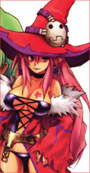 Rule 34 | 1girl, bare shoulders, belt, breasts, choker, cleavage, corset, detached sleeves, earrings, hat, heterochromia, highres, jewelry, large breasts, lipstick, long hair, looking at viewer, lowleg, lowleg panties, luminous arc, makeup, nail polish, panties, pink hair, pointy ears, purple nails, robe, scan, solo, standing, star (symbol), tattoo, thigh gap, thong, underwear, vanessa (luminous arc), very long hair, witch, witch hat
