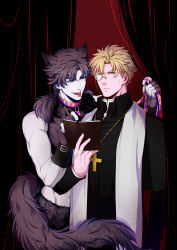 Rule 34 | abs, absurdres, animal ears, black nails, blonde hair, blue eyes, book, brown hair, caesar anthonio zeppeli, collar, crop top, cross, curtains, fangs, fingerless gloves, fingernails, gloves, green eyes, groin, highres, holding, holding book, jewelry, jojo no kimyou na bouken, joseph joestar, joseph joestar (young), male focus, monocle, monster boy, muscular, nail polish, navel, pale skin, pendant, priest, scarf, sharp fingernails, shin (840573976), sweatdrop, tail, tongue, tongue out, white scarf, wolf ears, wolf tail