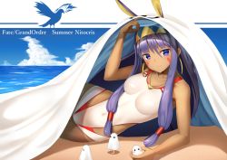 Rule 34 | 1girl, arm support, beach, blanket, blue sky, breasts, closed mouth, cloud, cloudy sky, collarbone, competition swimsuit, dark-skinned female, dark skin, day, egyptian, facial mark, fate/grand order, fate (series), hair between eyes, hair tubes, hairband, horizon, kurotobi rarumu, long hair, looking at viewer, lying, medium breasts, medjed (fate), nitocris (fate), nitocris (fate/grand order), nitocris (swimsuit assassin) (fate), nitocris (swimsuit assassin) (second ascension) (fate), on side, one-piece swimsuit, outdoors, purple eyes, purple hair, sky, smile, solo, swimsuit, tsurime, very long hair, white one-piece swimsuit