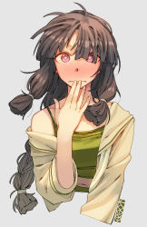 Rule 34 | 1girl, black hair, blush, bra, braid, closed mouth, cropped torso, ergot, green bra, grey background, hair between eyes, hand to own mouth, heart, heart-shaped pupils, highres, kantai collection, kitakami (kancolle), kitakami kai ni (kancolle), long hair, looking at viewer, nose blush, off shoulder, open clothes, open shirt, purple eyes, sailor collar, signature, simple background, single braid, solo, sports bra, symbol-shaped pupils, underwear, upper body, very long hair