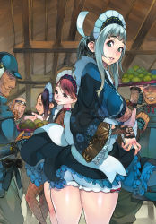 Rule 34 | 3boys, 3girls, apron, aqua hair, armor, ass, bad id, bad pixiv id, black hair, blue eyes, breasts, brown hair, dark skin, f.s., fishnets, highres, indoors, japanese clothes, kimono, large breasts, long hair, looking at viewer, looking back, maid, multiple boys, multiple girls, pale skin, pantyhose, parted lips, ponytail, profile, sengoku taisen, smile, tray, underboob, wide sleeves