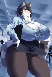 1girl black_hair breasts cat furry furry_female green_eyes highres huge_breasts long_hair office_lady opqhlak solo