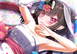 Rule 34 | 1girl, alternate costume, armpits, arms up, asymmetrical wings, black hair, blue flower, blue wings, blush, breasts, bridal veil, commentary request, confetti, dress, elbow gloves, flower, glint, gloves, hair between eyes, holding, holding flower, houjuu nue, jewelry, long hair, looking at viewer, medium breasts, parted lips, pointy ears, red eyes, red flower, red sash, red wings, ring, sash, smile, solo, touhou, upper body, veil, wedding dress, wedding ring, white dress, white flower, white gloves, wings, yakkyokuya