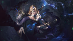 Rule 34 | 1girl, 1other, absurdres, alternate costume, bare shoulders, black dress, blonde hair, breasts, character request, check character, closed eyes, creature, detached sleeves, dress, fingerless gloves, gloves, hair ornament, highres, holding another&#039;s wrist, isolde (league of legends), jewelry, large breasts, league of legends, long hair, magic, ring, weapon, wings, wutu (1183238220)