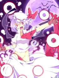 Rule 34 | 1girl, bad id, bad pixiv id, bandages, bat wings, clothes pull, energy ball, fang, female focus, fingerless gloves, gloves, glowing, groin, hat, highres, kuon3795, light purple hair, open mouth, panties, panty pull, pink eyes, remilia scarlet, short hair, side-tie panties, skirt, skirt pull, solo, touhou, underwear, wardrobe malfunction, wings