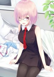Rule 34 | 1girl, :d, black-framed eyewear, black dress, blush, breast pocket, collared dress, dress, fate/grand order, fate (series), folded clothes, fou (fate), glasses, hair over one eye, hood, hoodie, unworn hoodie, igayan, indoors, leaf, legs together, looking at viewer, mash kyrielight, necktie, on bed, open mouth, pantyhose, pink eyes, pink hair, pocket, print necktie, red necktie, short dress, short hair, sitting, sleeveless, sleeveless dress, smile, solo