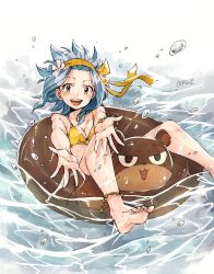Rule 34 | 1girl, :d, anklet, barefoot, bikini, blue hair, bracelet, breasts, brown eyes, cleavage, collarbone, fairy tail, floating hair, flower, hair flower, hair ornament, headband, innertube, jewelry, levy mcgarden, long hair, looking at viewer, open mouth, pantherlily, rusky, side-tie bikini bottom, signature, small breasts, smile, solo, swim ring, swimsuit, transparent, water, white flower, yellow bikini