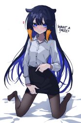 Rule 34 | 1girl, absurdres, alternate costume, black hair, black pantyhose, blue eyes, blue hair, blush, collared shirt, colored inner hair, dark blue hair, english text, fang, fang out, grey shirt, hand on own hip, heart, highres, hololive, hololive english, kneeling, long hair, long sleeves, looking at viewer, mentally deficient, multicolored hair, ninomae ina&#039;nis, office lady, pantyhose, pencil skirt, shirt, simple background, skirt, smile, solo, very long hair, virtual youtuber, white background