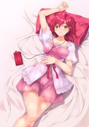 Rule 34 | 1girl, bed, digital media player, dress, earrings, follen (639594), headphones, highres, jewelry, layered dress, looking at viewer, lying, on back, original, parted lips, pillow, pink dress, red hair, red ribbon, ribbon, short dress, short hair, solo, yellow eyes