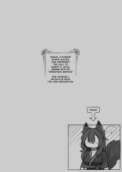 Rule 34 | ..., 1girl, absurdres, animal ears, arrow (symbol), commentary, english commentary, english text, evil trevo, fox ears, fox girl, fox tail, greyscale, highres, japanese clothes, monochrome, original, solo, spoken ellipsis, tail