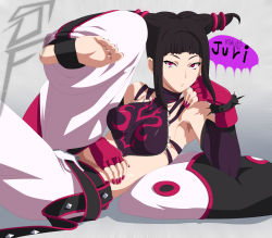 Rule 34 | 1girl, absurdres, black hair, bracelet, capcom, character name, feet, fingerless gloves, gloves, gradient background, han juri, highres, jewelry, midriff, nail polish, no shoes, purple eyes, soles, solo, spiked bracelet, spikes, stiky finkaz, street fighter, street fighter iv (series), tetsu (kimuchi), toes, twintails, yin yang