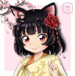 Rule 34 | 1girl, animal ears, black hair, cherry blossoms, flower, hair ornament, japanese clothes, kimono, medium hair, original, pink background, red eyes, remyfive, rose, smile, wolf ears