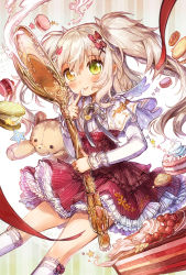 Rule 34 | 1girl, bad id, bad pixiv id, blonde hair, blush, bow, cake, cake slice, camomi, cream, dress, finger to mouth, food, frilled dress, frills, green eyes, hair ornament, heart, heterochromia, highres, holding, holding spoon, jewelry, kneehighs, long hair, long sleeves, looking at viewer, macaron, neck ribbon, necklace, original, ribbon, smile, socks, solo, sparkle, spoon, star (symbol), stuffed animal, stuffed toy, teddy bear, tongue, tongue out, two side up, white socks, yellow eyes