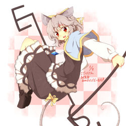 Rule 34 | 1girl, alternate headwear, animal ears, bad id, bad pixiv id, bow, capelet, checkered background, dowsing rod, female focus, fuuen (akagaminanoka), grey hair, hair bow, long sleeves, looking at viewer, mouse ears, mouse tail, nazrin, red eyes, ribbon, shirt, short hair, skirt, skirt set, smile, solo, tail, tail ornament, tail ribbon, touhou