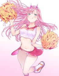 Rule 34 | 1girl, :d, absurdres, bomhat, breasts, cheerleader, darling in the franxx, gradient background, green eyes, highres, long hair, medium breasts, miniskirt, open mouth, pink background, pink hair, pink skirt, pom pom (cheerleading), shirt, skirt, sleeveless, smile, solo, very long hair, white shirt, zero two (darling in the franxx)