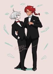 Rule 34 | 0321smith, 2girls, artist name, black footwear, black jacket, black pants, black suit, bow, bowtie, closed mouth, collared shirt, formal, gundam, gundam suisei no majo, hand in pocket, hand on another&#039;s waist, jacket, long hair, looking at another, miorine rembran, multiple girls, open mouth, pants, pink background, ponytail, red bow, red bowtie, red hair, shadow, shirt, short hair, simple background, smile, standing, suit, suit jacket, suletta mercury, thick eyebrows, white bow, white bowtie, white hair, white shirt, yuri