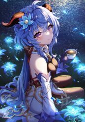 Rule 34 | 1girl, ahoge, artist name, bare shoulders, bell, black pantyhose, blue flower, blue hair, bodystocking, breasts, closed mouth, cokecoco, cowbell, cup, detached sleeves, drink, falling petals, flower, from side, ganyu (genshin impact), genshin impact, glaze lily, glowing, goat horns, gold trim, gradient eyes, grass, hair between eyes, hair flower, hair ornament, highres, holding, holding cup, holding drink, horns, large breasts, long hair, long sleeves, looking at viewer, low ponytail, multicolored eyes, neck bell, night, outdoors, pantyhose, pelvic curtain, petals, purple eyes, sidelocks, signature, sitting, smile, solo, thighlet, thighs, wariza, water, white flower, white sleeves