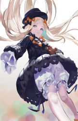 Rule 34 | 1girl, abigail williams (fate), black bow, black dress, black hat, blazpu, blonde hair, bloomers, blue eyes, bow, breasts, dress, fate/grand order, fate (series), forehead, hair bow, hat, highres, long hair, long sleeves, looking at viewer, multiple hair bows, orange bow, parted bangs, polka dot, polka dot bow, ribbed dress, sleeves past fingers, sleeves past wrists, small breasts, solo, stuffed animal, stuffed toy, teddy bear, underwear, white bloomers
