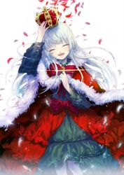 Rule 34 | 10s, 1girl, arm up, cape, crown, dress, closed eyes, floating hair, fur trim, head tilt, highres, k-project, kushina anna, long hair, open mouth, red cape, red neckwear, sakurai (saku1460), silver hair, smile, solo, standing, very long hair