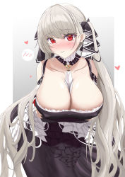 Rule 34 | 1girl, absurdres, anti kumo, azur lane, bare shoulders, between breasts, black dress, blush, breasts, cleavage, clothing cutout, detached collar, dress, formidable (azur lane), frilled dress, frills, gothic lolita, grey background, grey hair, hair ribbon, heart, highres, huge breasts, lolita fashion, long hair, neckwear between breasts, red eyes, ribbon, shoulder cutout, simple background, solo, twintails, two-tone dress, two-tone ribbon, very long hair