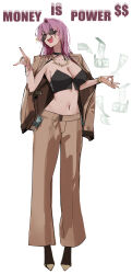 Rule 34 | 1girl, \n/, banknote, black jacket, breasts, brown pants, cleavage, commentary, dfm (darknessdfm), dollar sign, english text, fang, finger tattoo, full body, hair between eyes, highres, jacket, jacket on shoulders, jewelry, large breasts, long hair, looking at viewer, money, multiple rings, nail polish, navel piercing, necklace, ok sign, open mouth, original, pants, piercing, pink hair, pink nails, red eyes, ring, shoes, simple background, skin fang, solo, sparkle, standing, sunglasses, symbol-only commentary, tattoo, white background